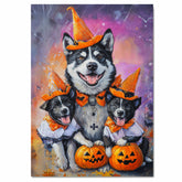 Halloween Akita Dog Wall Art with Pumpkins and Witch Hats Rustic Fall Dog Painting for Autumn Home Decor Pet Lover Gift Spooky Seasonal Wall Artwork on Ready to Hang 1.5" Thick Canvas Wrap, Floating Framed Canvas, Flat Rolled Canvas